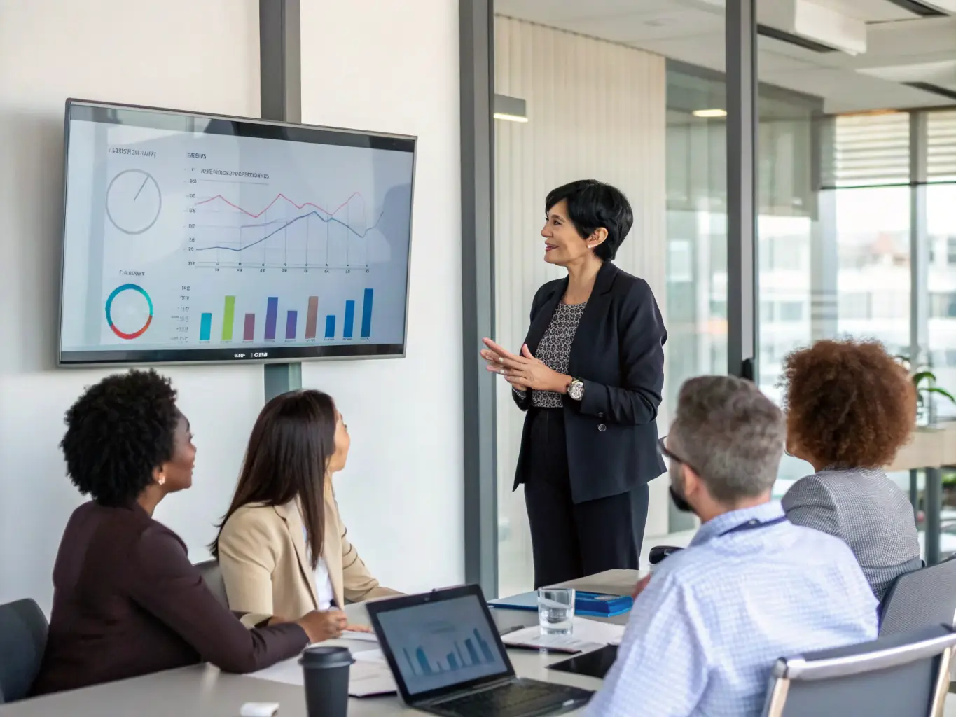 An image of a confident executive leading a team meeting in a modern office setting, representing leadership development.