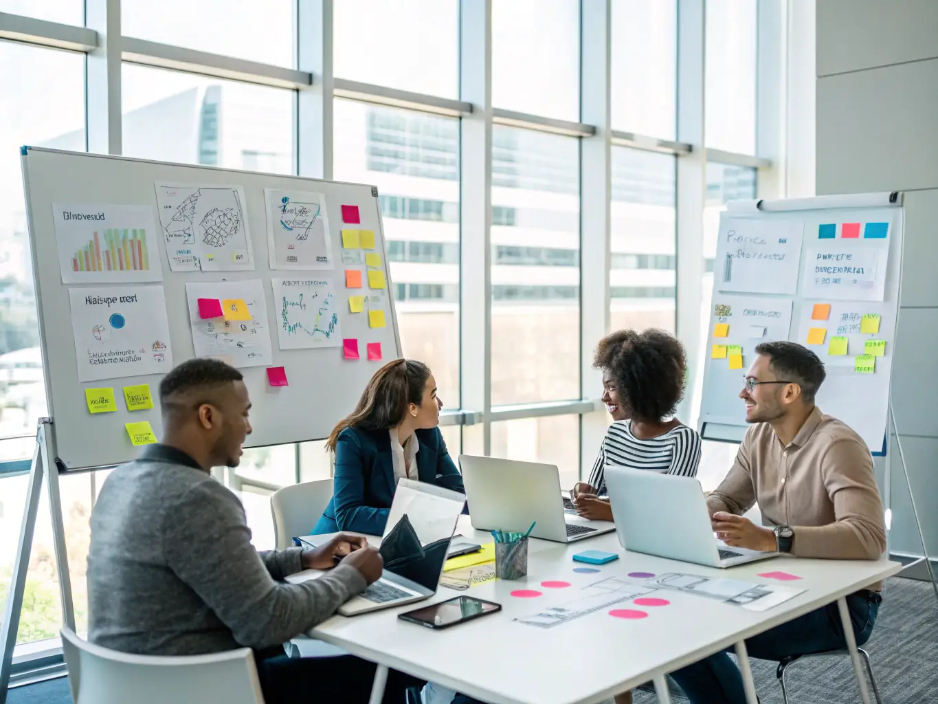 A team of executives collaborating over a strategic plan on a conference table, symbolizing strategic planning.